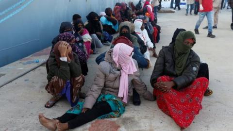 Migrants arrive at a naval base after they were rescued by Libyan coastal guards in Tripoli, Libya on November 25, 2017