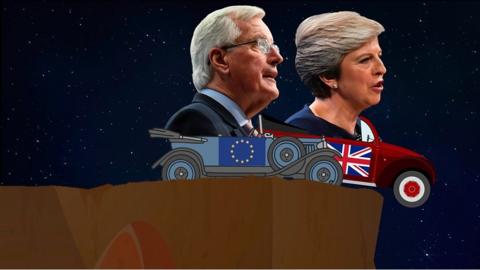 Illustration of Michel Barnier and Theresa May in cars