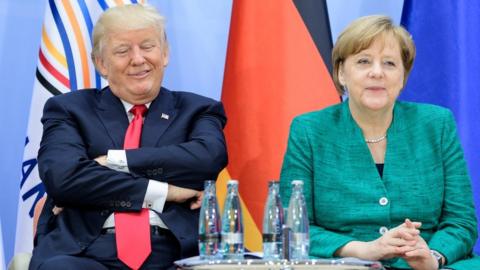 Donald Trump and Angela Merkel at a summit in Hamburg in July 2017