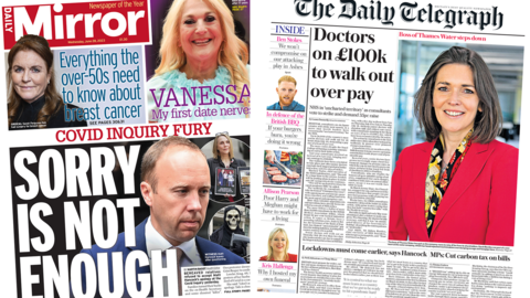 The headline in the Mirror reads, 'Sorry is not enough', while the headline in the Telegraph reads, 'Doctors on £100k to walk out over pay"