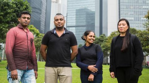 From left to right: Sri Lankan refugees Ajith Puspa, 45, and Supun Thilina Kellapatha, 32, his partner Nadeeka, 32, and Filipino refugee Vanessa Rodel, 40, in Hong Kong, 23 February 2017