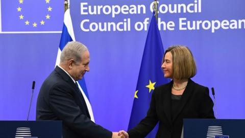 EU foreign policy chief, Federica Mogherini welcomes Israel"s Prime Minister Benjamin Netanyahu