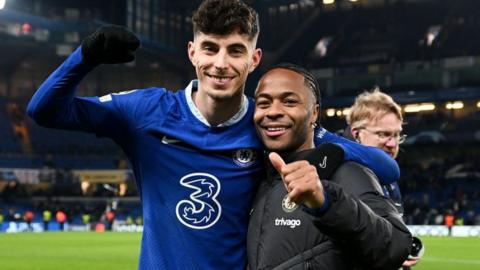 Kai Havertz and Raheem Sterling pose together after Chelsea beat Borussia Dortmund