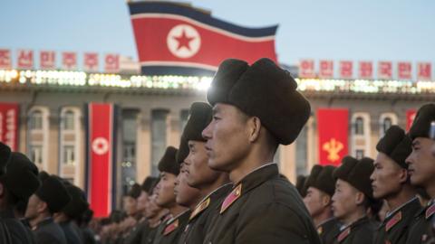 North Korean soldiers attend a mass rally to celebrate the North's declaration on November 29 it had achieved full nuclear statehood, in Pyongyang on December 1, 2017