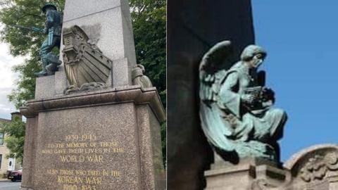 War memorial (left) and the angel before it was taken off the memorial (right)
