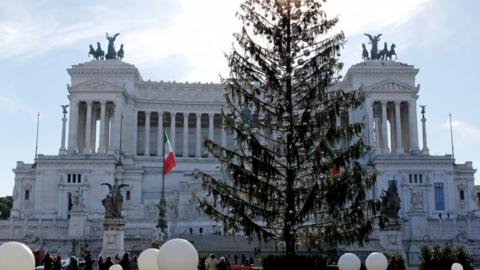 The controversial Christmas tree is seen in downtown Rome, on 19 December, 2017
