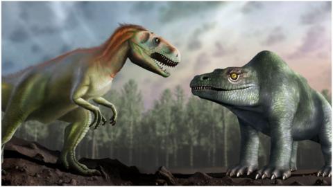 An artist’s impression of how Victorian palaeontologists thought the Megalosaurus looked (right), compared with how we now understand it to have looked (left).