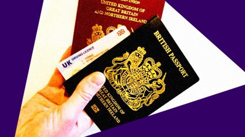 A man holds UK passports and UK drivers licence