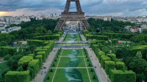 This aerial picture taken on June 13, 2019 shows a 600 meters long installation by French land artist SAYPE