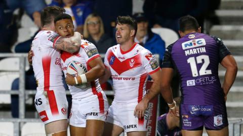 St Helens celebrate a try