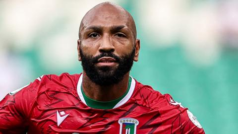 Equatorial Guinea's forward Emilio Nsue celebrates after scoring his team's first goal during the Africa Cup of Nations 2023 Group A match between Equatorial Guinea and Guinea-Bissau