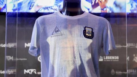 View of the T-shirt that Maradona gives to German soccer legend Lothar Matthaus during the final of Mexico World Cup 1986, which have been donated to the Legends Museum during an event held in Madrid, Spain on 25 August 2022.