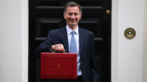 Chancellor Jeremy Hunt outside 11 Downing Street with the famous red despatch box