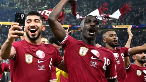 Qatar celebrate beating Jordan 3-1 in the Asian Cup final at Lusail Stadium
