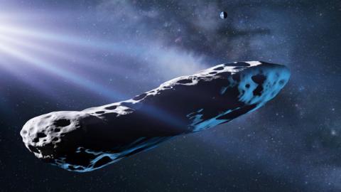 An artist's impression of a cigar-shaped asteroid, with the Milky Way visible in the background