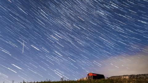 A digital composite of 30 photographs of the meteor shower taken over a period of 15 minutes in the Yorkshire Dales National Park in 2017