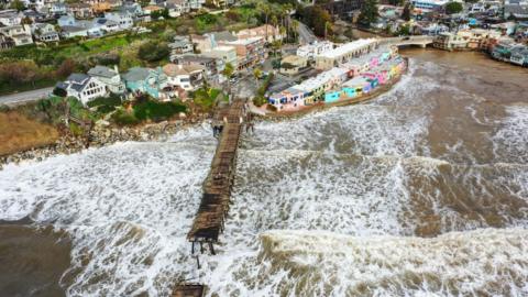 An aerial view of damaged Capitola Warf in Santa Cruz on January 10