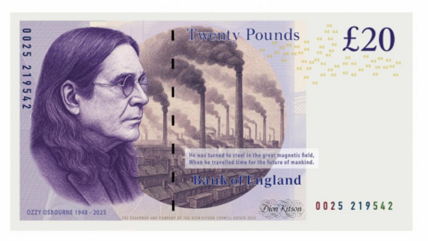 A re-created £20 note, featuring Ozzy in profile, with his trademark long hair and purple sunglasses. He is face an illustration of a sea of industrial chimneys with dark smoke rising from them.