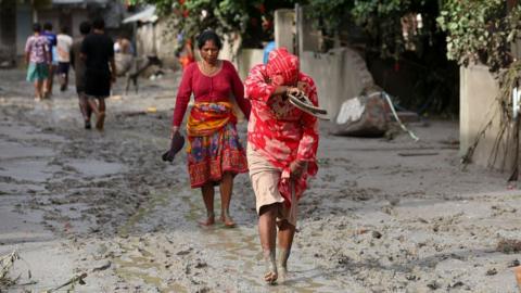 A flood-damaged section of a highway in Nuwakot, Central Nepal