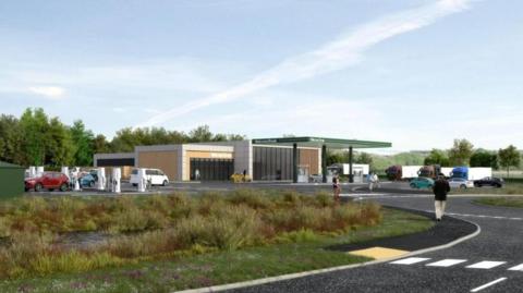 An artists impression of the services with cars at charging units and lorries parked in the background.