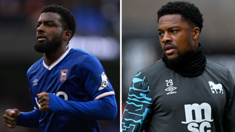 A split picture showing Ipswich Town's Cedric Kipre on the left and Chuba Akpom on the right