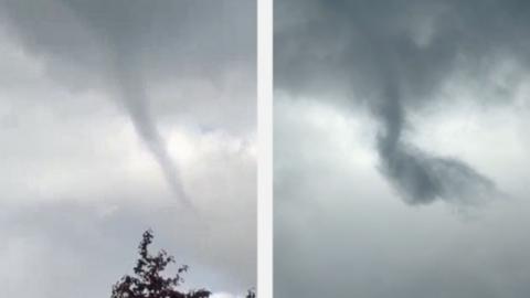 Two images of a funnel cloud in a grey sky.
