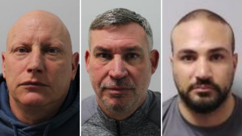 Mugshots of three men, the one on the left is bald, in the middle has stubble and on the right a dark beard
