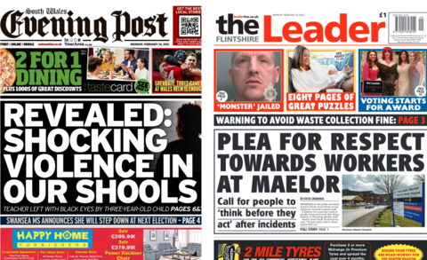 South Wales Evening Post newspaper front page shows the main headline next to a photo of an anonymised woman with curly hair looking away into the distance: Revealed: Shocking violence in our schools. Other headlines on the front page are: Swansea MS announces she will step down at next election. Sherratt: three games at Wales helm is enough. The Flintshire Leader newspaper front page shows the main headline next to a photo of Wrexham Maelor Hospital: Plea for respect towards workers at Maelor. Other headlines on the front page are: Warning to avoid waste collection fine, 'Monster' jailed', and 'Voting starts for award'. 