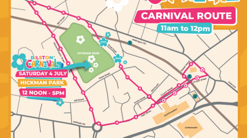 The map shows the route using a pink line with arrows. Hickman Park in green is to the left of centre on the map.