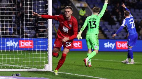 Marvin Ducksch celebrating his goal against Sheffield Wednesday in Birmingham City's red away kit
