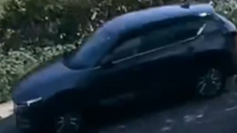 A blurred CCTV image of what appears to be a dark grey Mazda travelling along a country lane. 