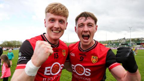 Down's Adam Crimmins and Ryan McEvoy celebrate their win over Donegal