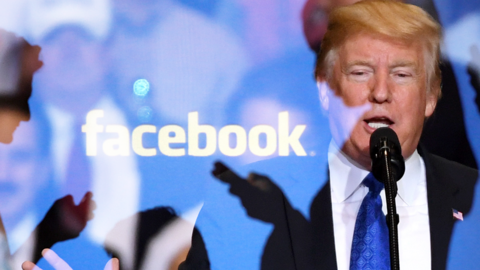 Facebook logo and Donald Trump