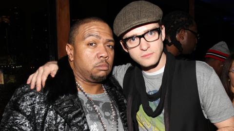 Timbaland and Justin Timberlake attend Timbaland's "Shock Value II" album release party at Hudson Terrace on December 8, 2009 in New York City.