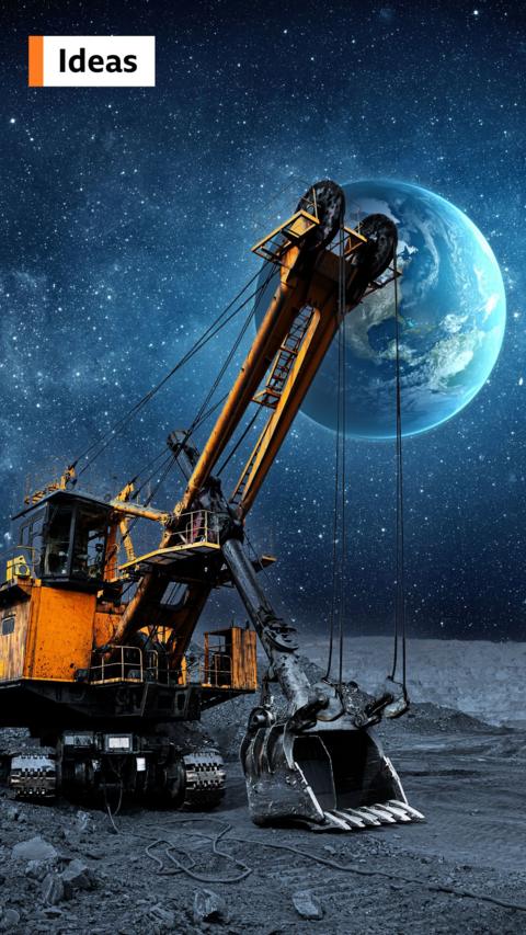 Image of a digger on the Moon's surface with the Earth in the background