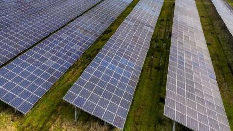 A close up of solar panels in a field