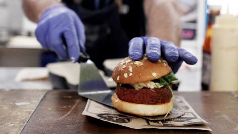 A Beyond Meat burger is prepared at COP25 in Madrid, Spain, in 2019