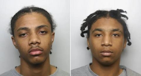 Custody pictures of two teenage boys both wearing grey tops. One has short dark hair and the other has dark hair in dreadlocks. 