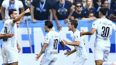 Luzern players celebrate 1-1 goal by Kemal Ademi (L) during the UEFA Europa Conference League, second qualifying round first leg, between Djurgardens IF and FC Luzern at Stockholm Arena