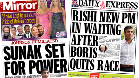 The headline in the Daily Mirror reads 'Sunak set for power' and the headline in the Daily Express reads 'Rishi new PM in waiting after Boris quits race'