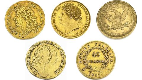 James II Guinea from 1686, George IV half sovereign from 1821, USA Liberty head 10 dollars from 1901, William & Mary 'Elephant & Castle' Guinea from 1689, France Napoleon I 40 francs from 1811