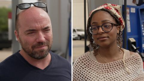 Split screen. A man is on the left and a woman is on the right.