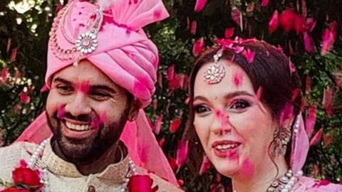 Anna Horodetska and Anubhav Bhasin at their wedding on Sunday