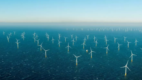 Aerial view of windfarms out at sea