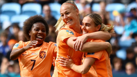 Players from the Netherlands celebrate a goal against South Africa at the Fifa Women's World Cup