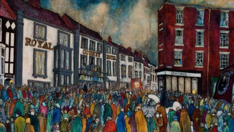 Colourful painting of a large crowd of people outside the Royal County Hotel in Durham