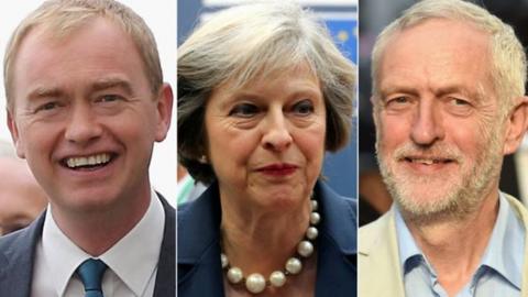 Tim Farron, Theresa May and Jeremy Corbyn