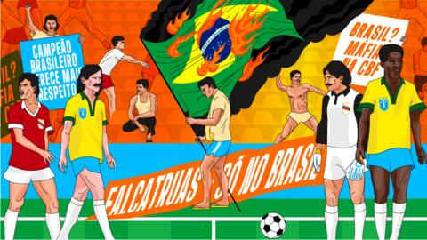 An illustration depicting the dramatic scenes in Salvador as Brazil fans burned the national flag at the 1989 Copa America's opening match at home to Venezuela