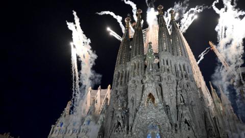 View of the fireworks for the inauguration of Jesus Christ tower by Pope Leo XIV at the Basílica de la Sagrada Família