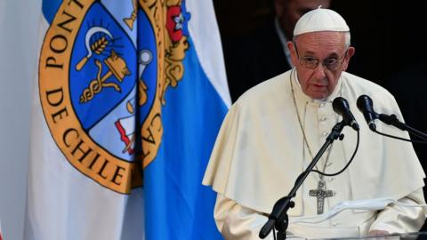 Pope Francis speaks at the Pontifical Catholic University of Chile, in Santiago on January 17, 2018.